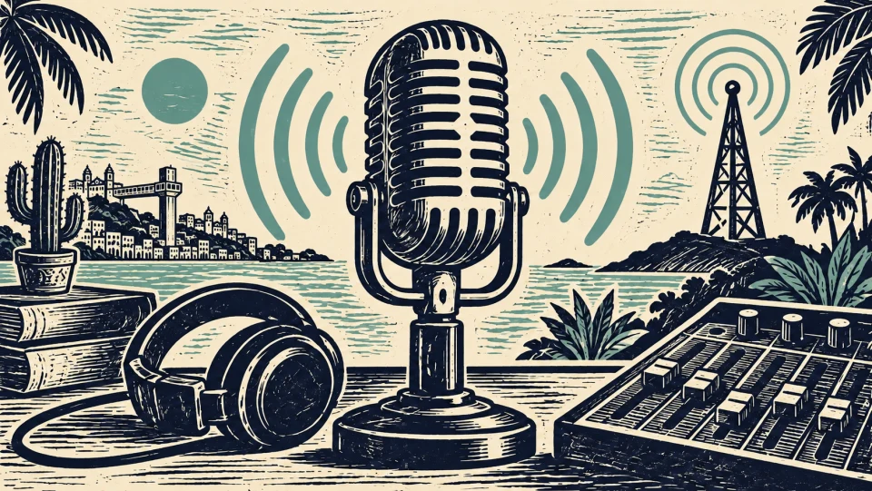 Ilustração em xilogravura de um microfone de rádio, com fones de ouvido, mesa de áudio e referências a Salvador