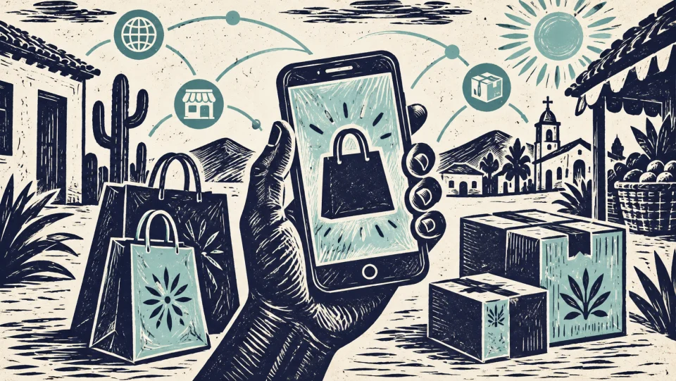 Ilustração em xilogravura sobre 79% das Compras já são feitas pelo Celular