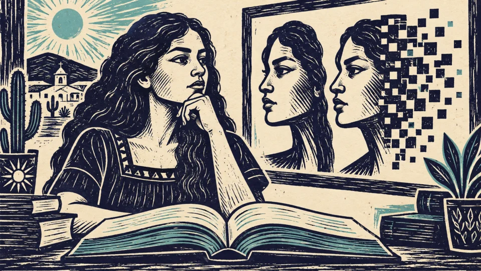 Ilustração em xilogravura sobre Deepfakes e IA: como a educação prepara cidadãos para o uso ético da tecnologia