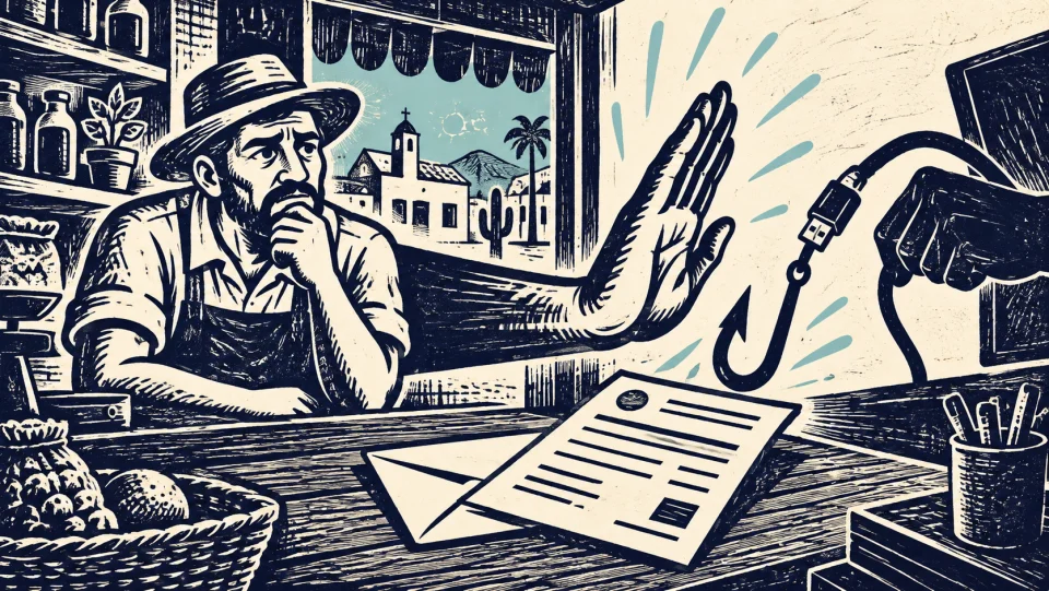 Ilustração em xilogravura sobre Exposição de dados torna MEIs alvos frequentes de golpes e cobranças falsas