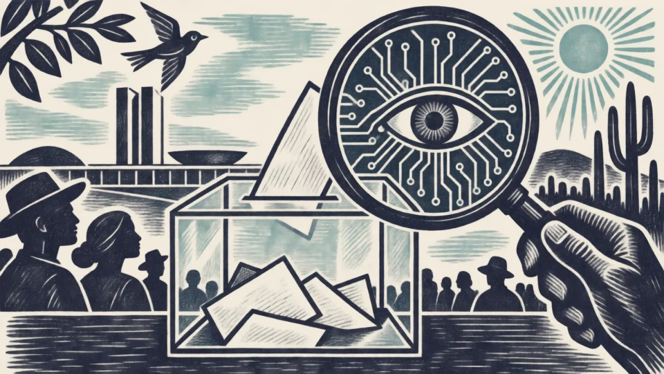 Ilustração em xilogravura sobre Inteligência Artificial nas Eleições de 2024: A invisibilidade que desafia a transparência e a Regulação Eleitoral