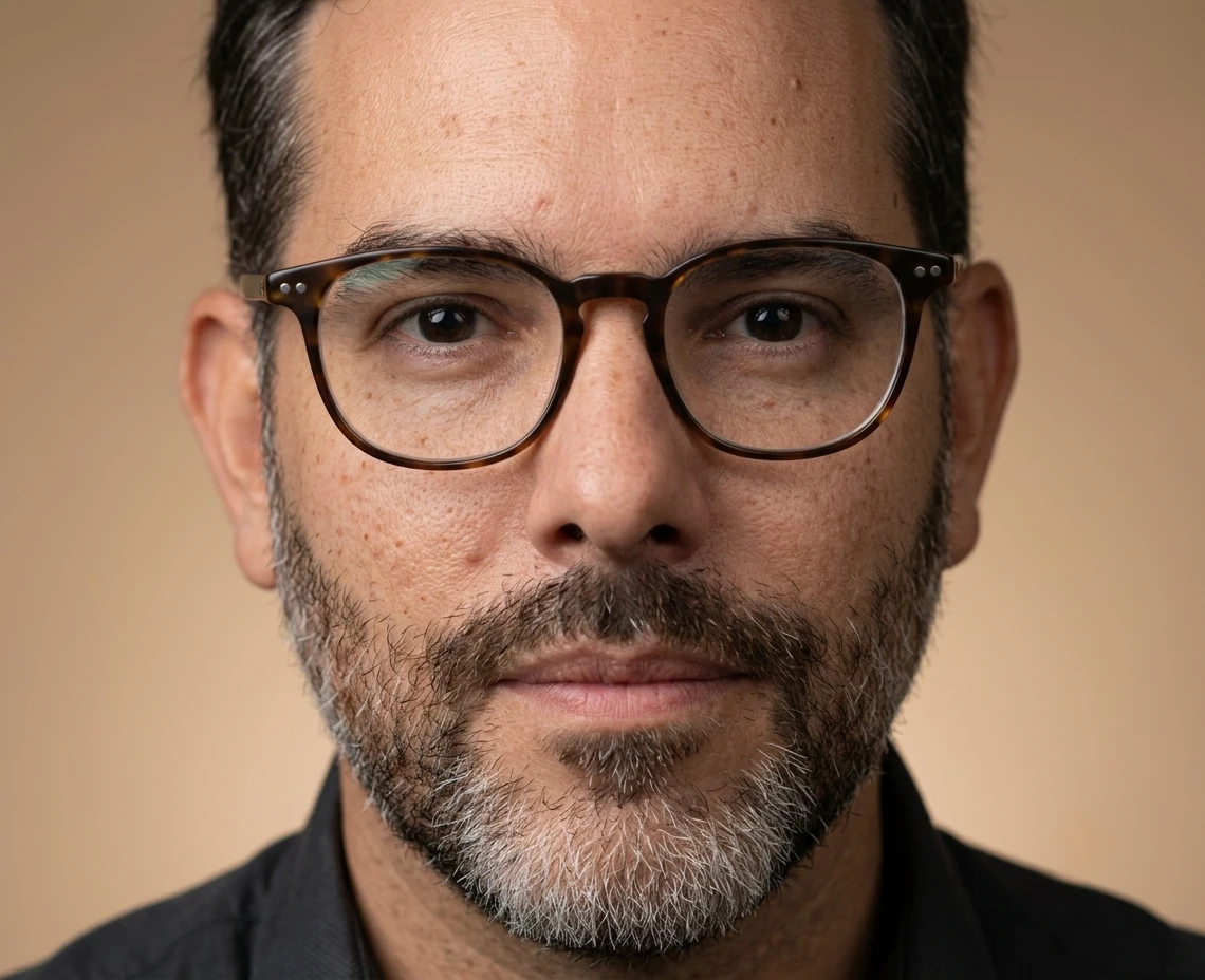 Retrato de Diogo Guanabara em close, com óculos e fundo em tom quente.